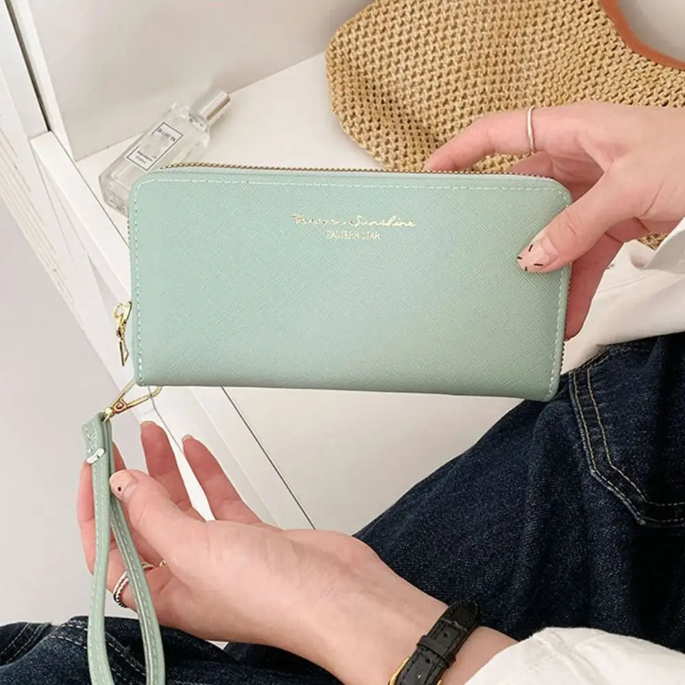 Elegant Solid Color Women's Long Wallet With Zipper Pocket Long Hand Clutch Multifunctional Card Holder PU Leather Wallet Lady