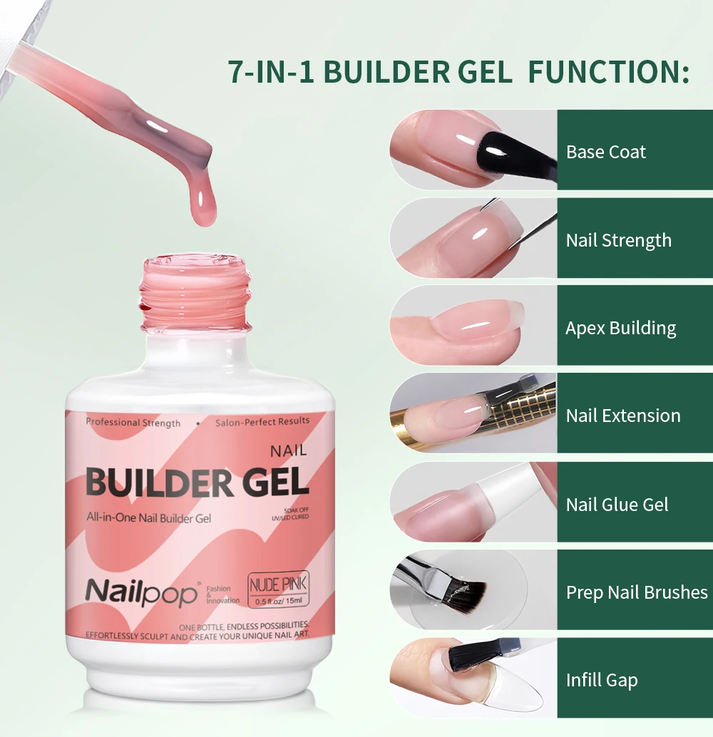 Nailpop HEMA/TPO-freies 7-in-1 Multifunktionales Builder-Gel 8 Farben Verlängerung Stärkung Apex-Aufbau 15ml Basis Anfänger Kunst Zuhause 1 Stück – Detail 2
