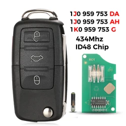 jingyuqin 1K0959753G 1J0959753 DA/ AH For VW Volkswagen Beetle Bora Golf Passat Polo ID48 Chip 434MHz Flip Remote Key 3 Buttons