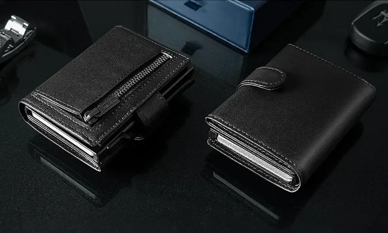 Men's Genuine Leather Trendy Wallet RFID Blocking with Aluminum Case Design Anti-Theft Magnetic Proof Zipper Coin Pocket Wallet