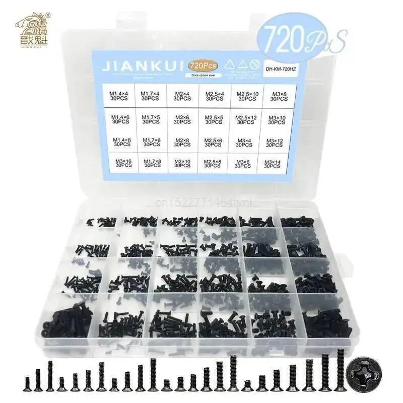 

720pcs countersunk flat head phillips small mini screw set m1.4 m1.7 m2 m2.5 m3 carbon steel computer notebook laptop screws kit