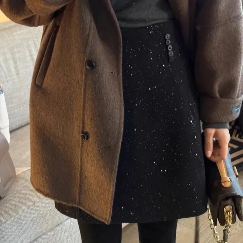 Gray Thickened Woolen Skirt for Women in Autumn and Winter New French Heavy Industry Hot Diamond Sequin Skirt