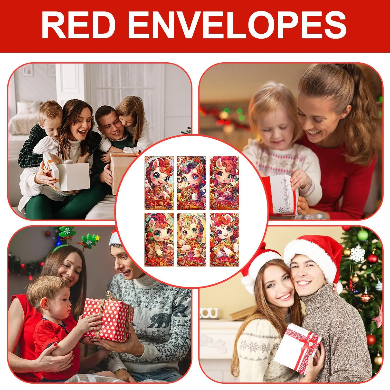 المغلف الأحمر الصيني 6 قطع الحصان النقدية حزمة 2026 ورقة السنة القمرية الجديدة المغلفات الحمراء للبنين بنات الكبار الأصدقاء عيد ميلاد