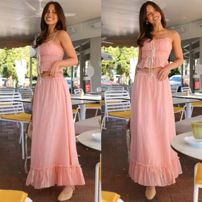 Women's Sexy French Style 2Piece Set Chic Ruffled Crop Cami Top Matching Maxi Skirt Perfect For Summer Vacation Beach＆Daily Wear