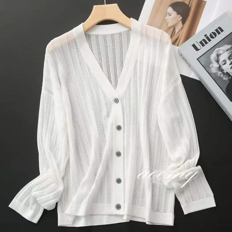 2022 Summer silk V-neck solid color sweater Women\'s thin cardigan air conditioning shirt with sunscreen hollowed-out cape