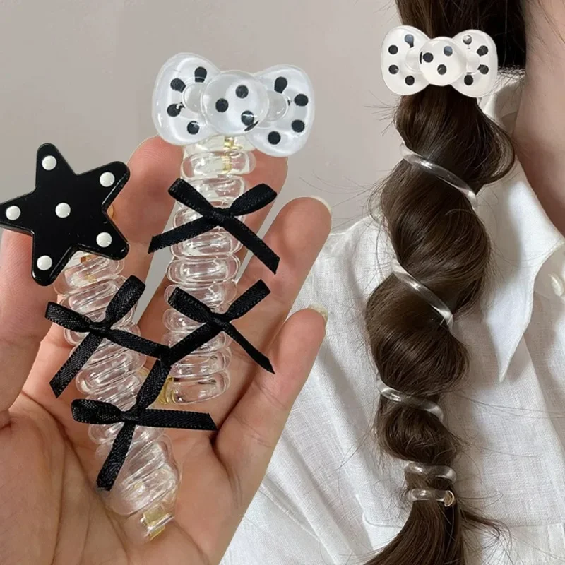 1/2Pcs Bowknot Spiral Telephone Line Hair Rope Women Sweet Dot Ponytail High Elastic Hairbands Resin Hair Ties Hair Accessories