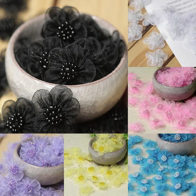 

5pcs Round 2.8cm 3D Five-petal flower Sunflower organza patches DIY sewing bead applique dress wedding Hairpin headdress decor