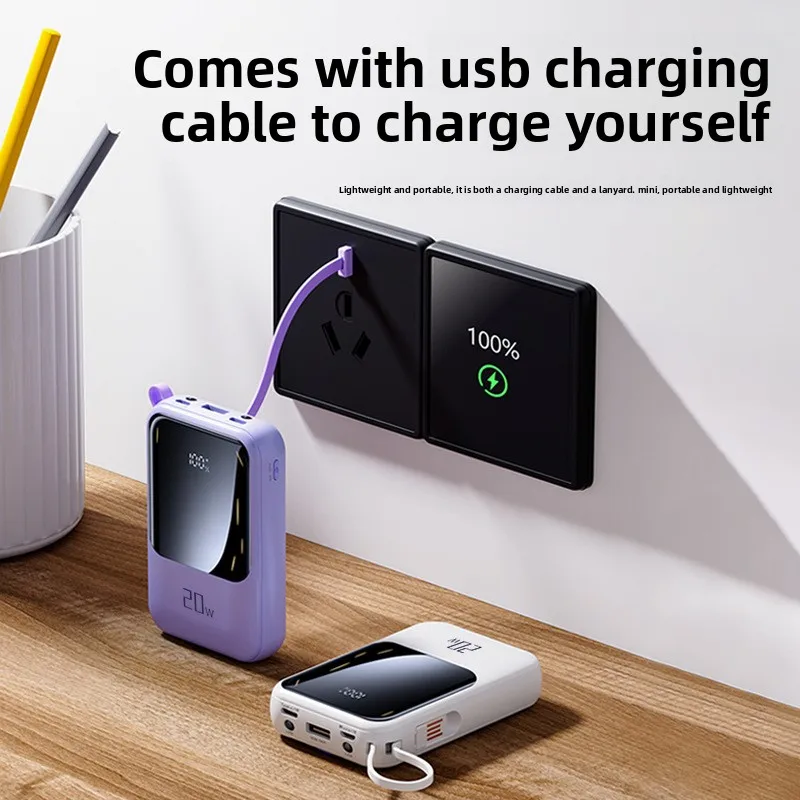 

Портативный мобильный аккумулятор большой емкости емкостью 20000 мАч со встроенным кабелем для быстрой зарядки, подходит для большинства электроники