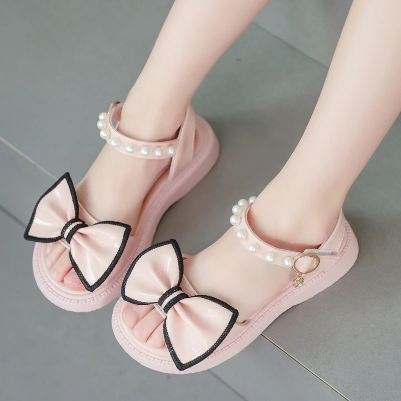 Children Girls Sandals Simple Non-slip Platform Pearls with Bow Non-slip Pink Princess Party Wedding Shows Shoes Kids Open-toe