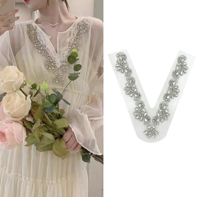 Women Rhinestones Sew On V Neckline Mesh Collar Appliques Trim for Weddings Parties Bridal Dresses Sewing Crafts Patches