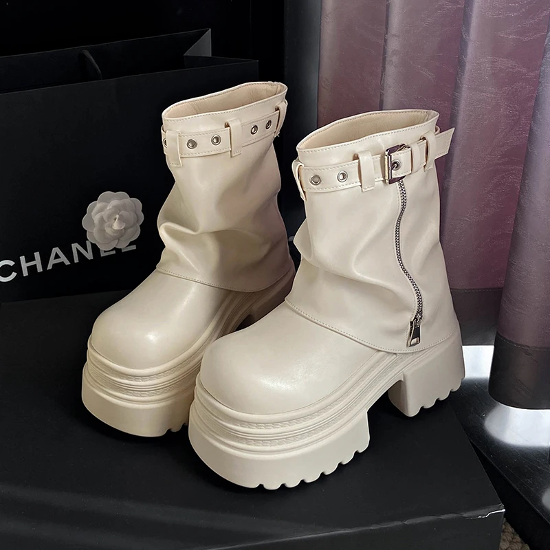 2026 Platform High Heels Women's Boots Designer Leather Shoes Winter Zip Chelsea Short Boots Trend Motorcycle Boots Woman Pumps