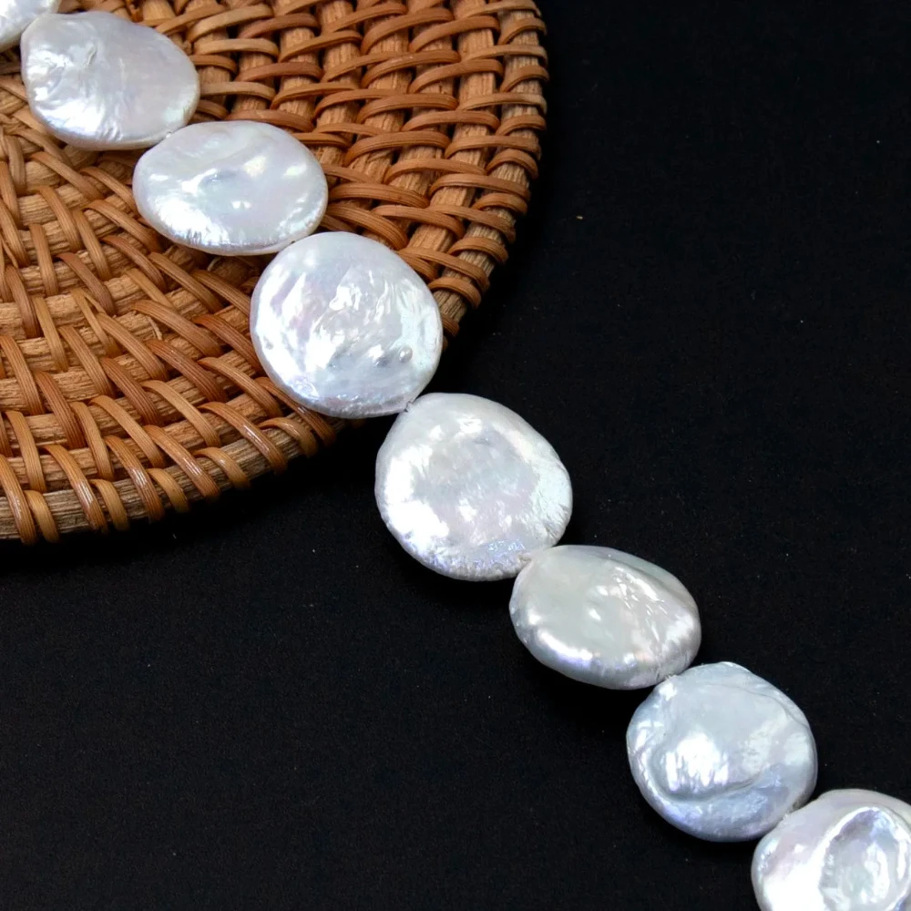 

Classic style 1Strand 19-21mm White Round Coin Shape Natural Freshwater Pearl Beads DIY Jewelry Making Bracelet Necklace Gift