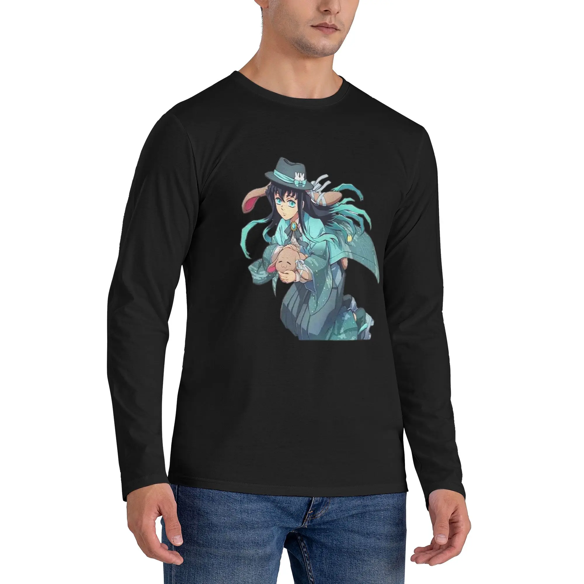 

Muichiro and bunny Men's Long Sleeved T-shirt Breathable Round Neck T shirts Spring and Autumn Men tops