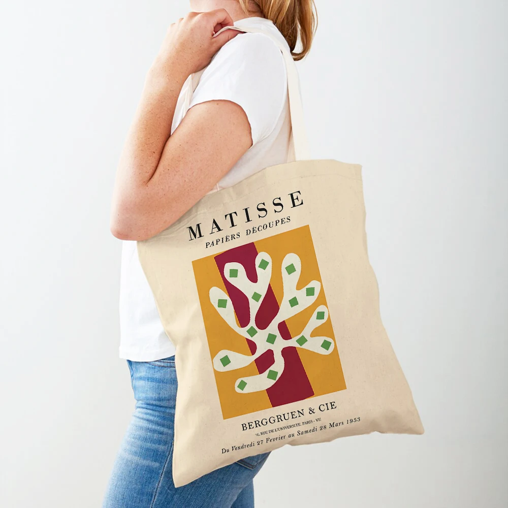 

Double Print Fashion Canvas Women Shopping Bag Abstract Matisse Coral Flowers Leaf Sun Shopper Bags Eco Lady Tote Handbag