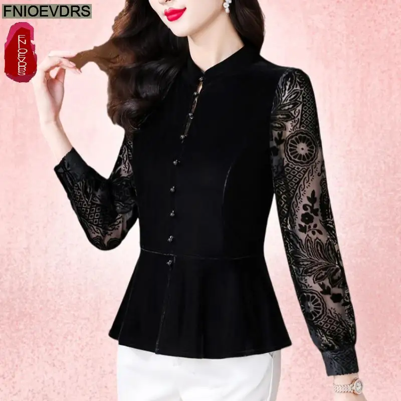 Black Lace Velvet Retro Vintage Peplum Tops New Design Women 2024 Autumn Long Sleeve French Style Hollow Basics Shirts Blouses