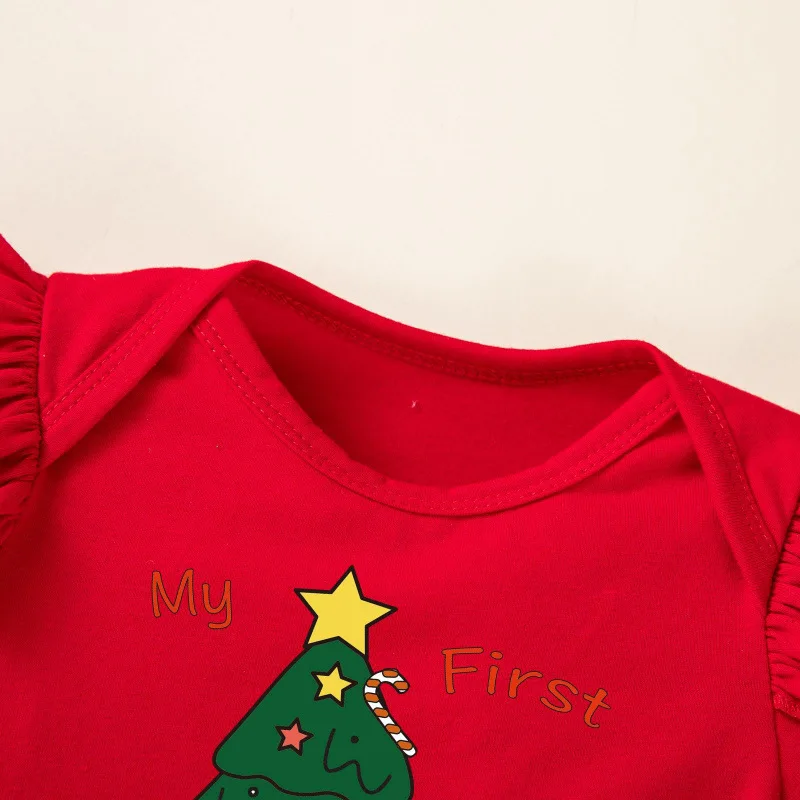 طقم ملابس عيد الميلاد مكون من 3 قطع للفتيات الرضع باللونين الأحمر والأخضر مع لمسات من الدانتيل الرقيق وتصميم بين الرجلين للفتيات الصغيرات #6