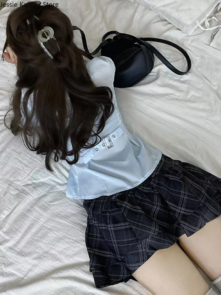 JK ชุดนักเรียนญี่ปุ่นน่ารักชุดสองชิ้นสำหรับ MODE Korea ชุดเสื้อวินเทจสีฟ้าและกระโปรงลายสก๊อตขนาดเล็ก