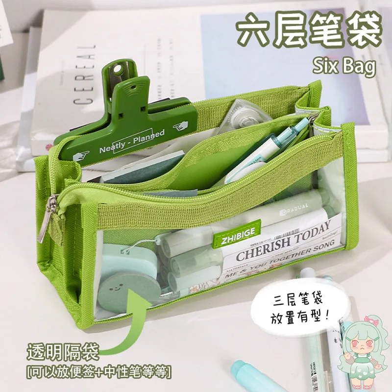 Six Layers Large Capacity Pencil Bag Stationery Supplies Aesthetic Transparent Pen Case Girl Big Pencil Pouch School Supplies