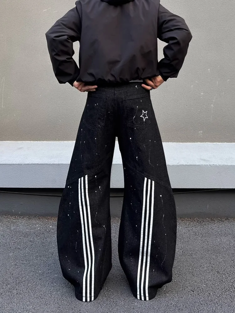 

2026 Cyber Y2K Streetwear Striped Patchwork Black Baggy Jeans Pants For Men Clothing Wide Leg Male Bottom Loose Long Trousers