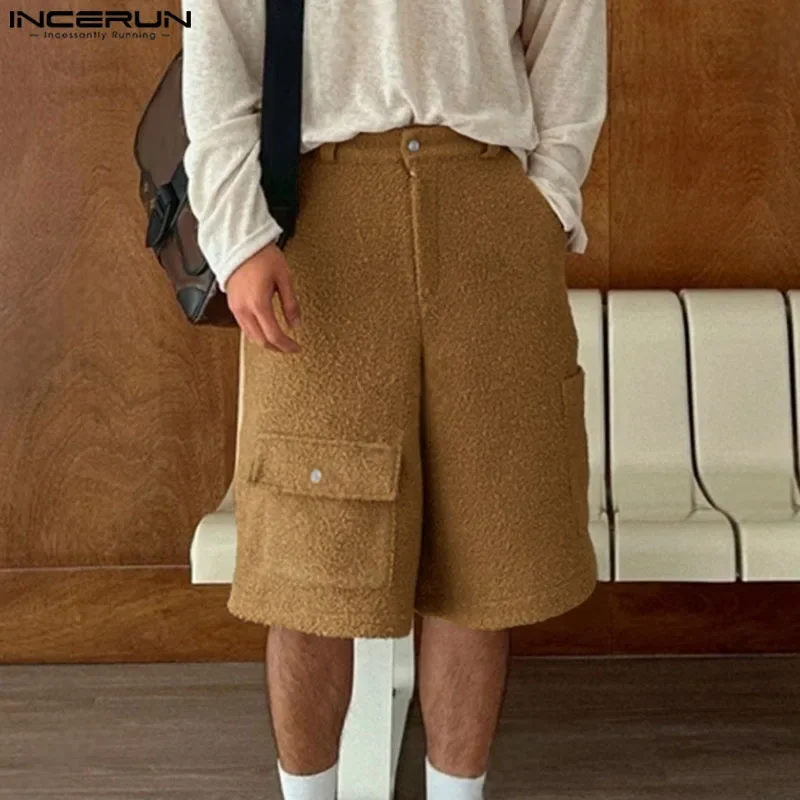 INCERUN Men Shorts Solid Color Plush Button Fleece Casual Men Bottoms Loose Streetwear Pockets Fashion Casual Male Shorts S-5XL