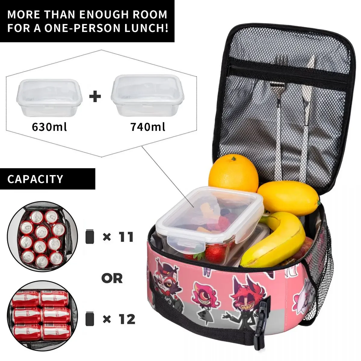 Hazbin Hotels Anime Insulated Lunch Bag Alastor Angel Dust Storage Food Box Reusable Cooler Thermal Lunch Boxes For Picnic