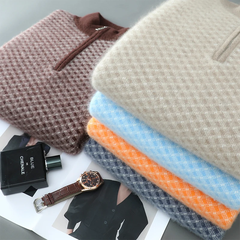 Autunno Inverno dei Nuovi Uomini Mezza Cerniera Pullover 100% Lana Merino Maglione Lavorato A Maglia Casual Jacquard Mezza Collo Alto Abbigliamento da Uomo Caldo