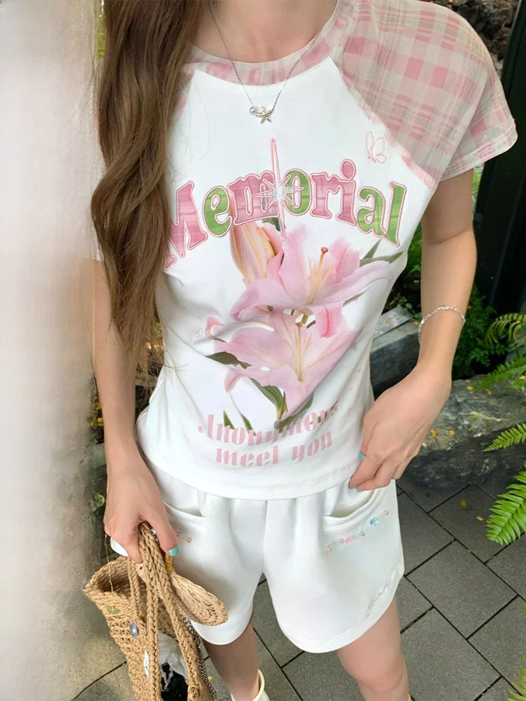 

Женская футболка COK Summer 2025 с прозрачными вставками, цветочным принтом и буквенными нашивками, с круглым вырезом, коротким рукавом, для повседневной носки