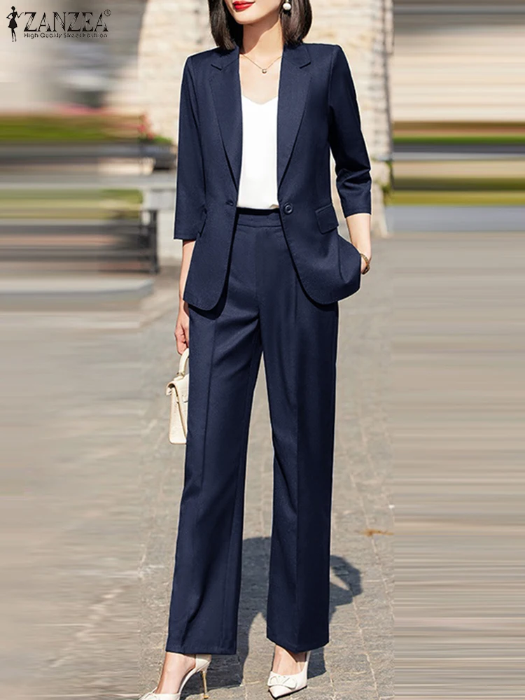 ZANZEA Autumn Elegant OL Work Suits Women Pant Sets Elegant Lapel 3/4 Sleeve Blazer Trousers Suit Fashion 2PCS Woman Outfits