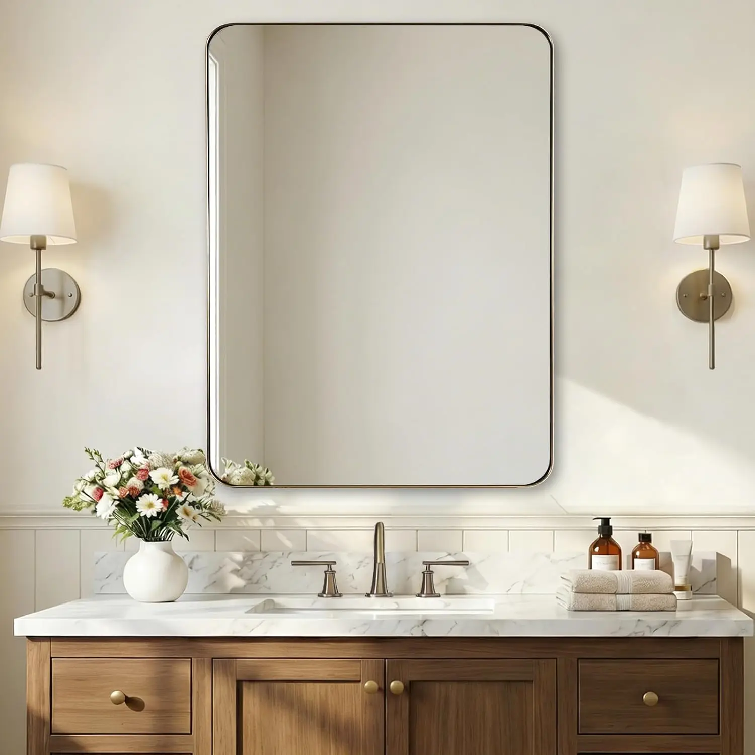 Brushed Champagne Bronze Mirrors for Bathroom Sink, 30x40 Inch Bathroom Vanity Mirror with Rectangular Metal Frame-Modern Clean