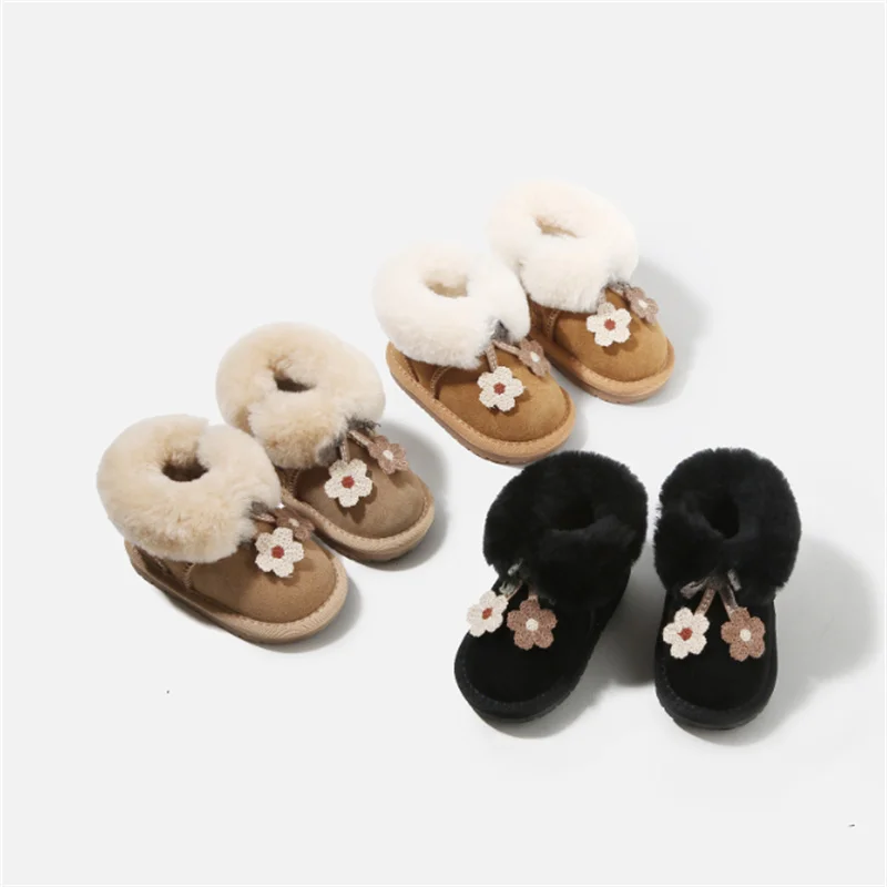 Winter Baby Snow Boots 2025 New Flower Leather Design Thick Plush Warm Toddler Kids Shoes Fashion Little Girls Footwear Shoes