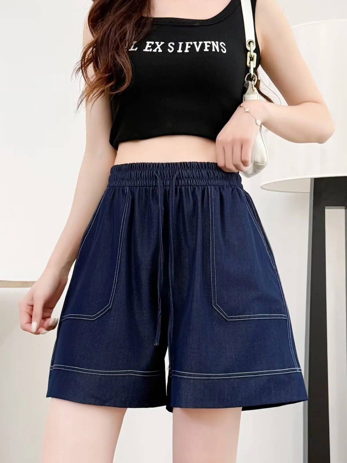 High Waist Loose Casual Shorts plus Size Women's Loose Elastic Waist Decorative Stitching Denim Five-Point Pants Summer Style