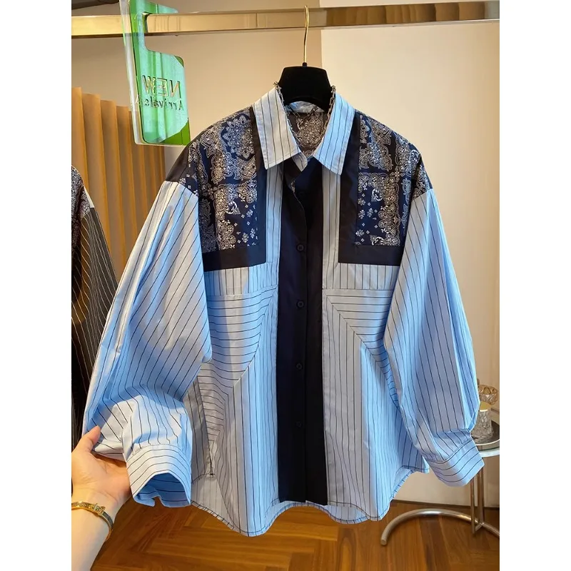 SuperAen 2024 New High-end Loose Casual Retro Style Print Blue Striped Long-sleeved Shirt Women's Spring and Autumn Shirt