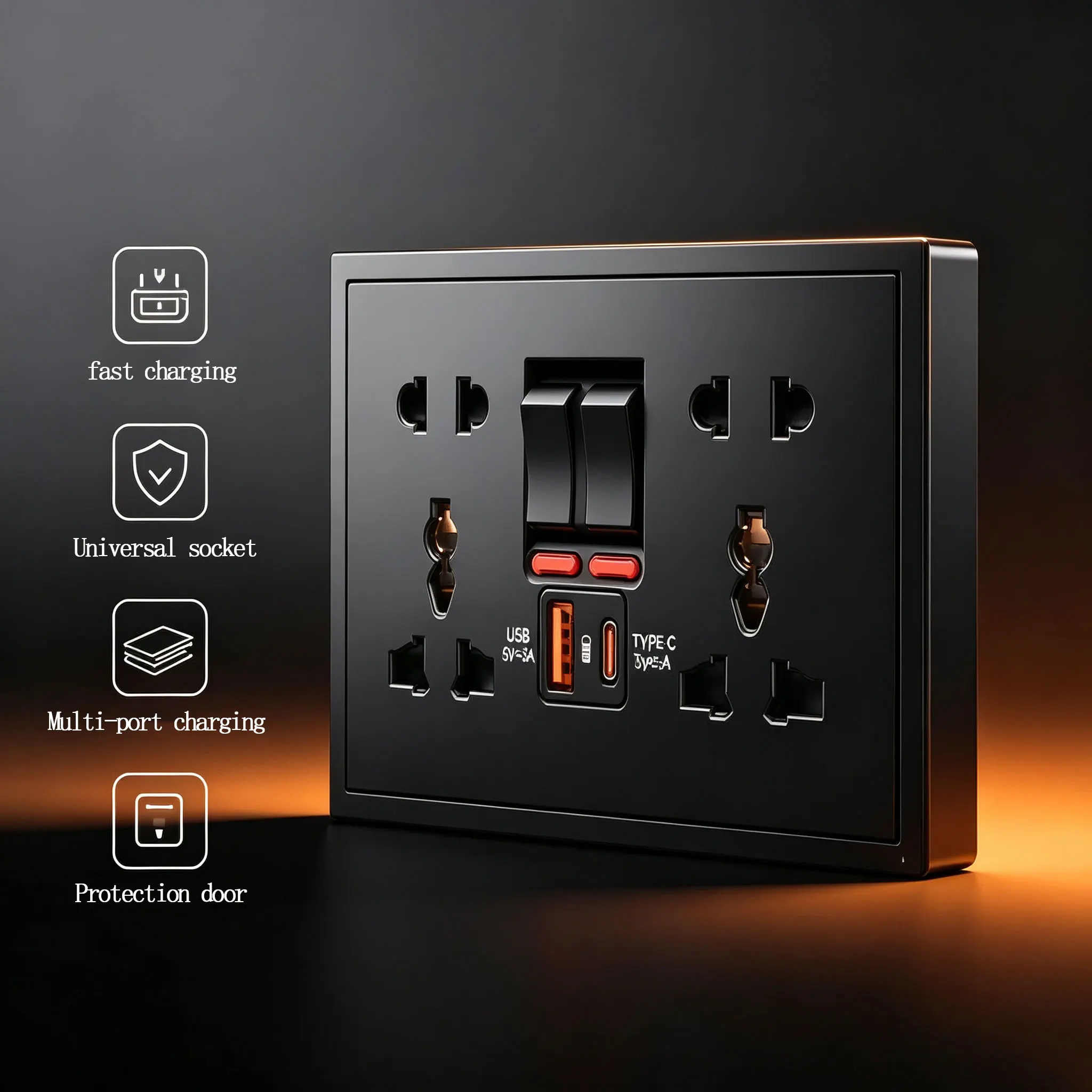 Black 146 Type Multifunctional 5/10 Hole Socket with USB Type-C 5V3A 15W Fast Charge And 2Gang Independent Control Switch