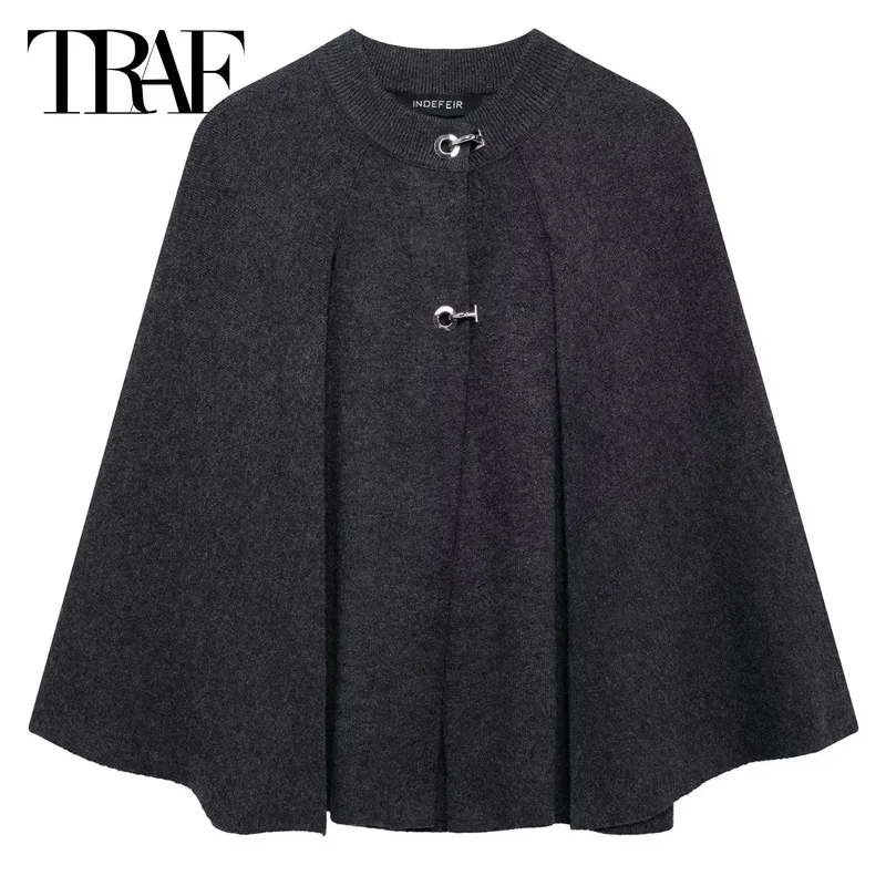 TRAF Dark Grey Cardigan For Women's Knitted Winter Sweater Cape New In Coats And Jackets Autumn Long Sleeve Knitwear Outerwears