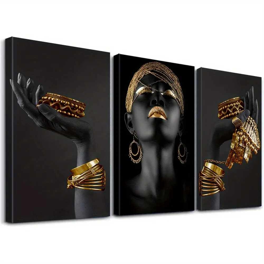 

3pcs Modern African Black Portrait Art Print, Wood Framed Canvas Painting, Modern Living Room Bedroom Home Wall Decoration