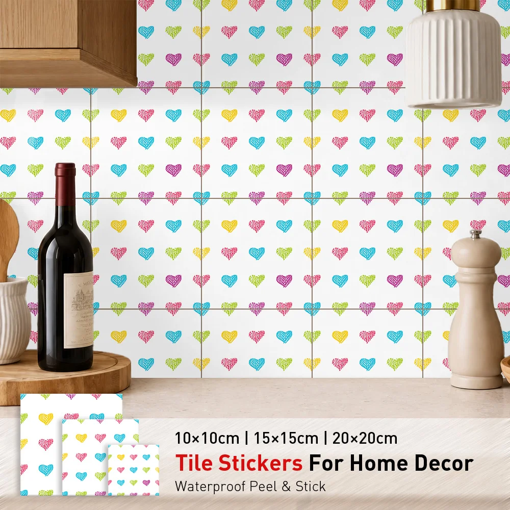 Rainbow Hearts Tile Stickers Waterproof Peel and Stick Self Adhesive Oil Proof Backsplash Decals Floral Wallpaper for Fun Decor