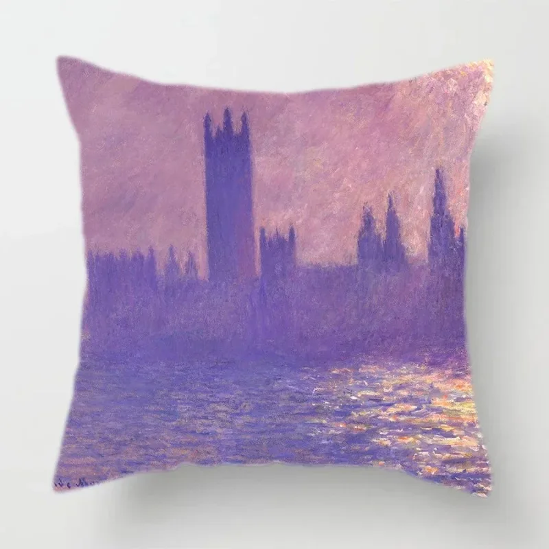 Claude Monet Polyester Printing Cushion Cover Sofa Landscape World Famous Oil Painting Throw Decorative Pillow Case Home Decor