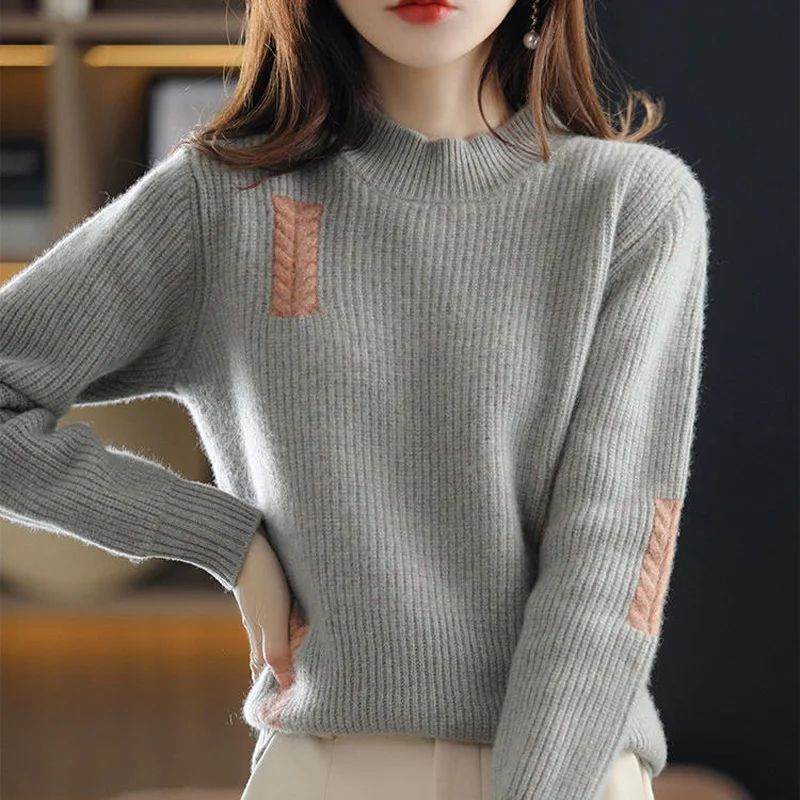 Mock Neck Color Contrast Loose Korean Sweaters New Autumn Winter Long Sleeve All-match Pullover Knitting Bottoming Shirt Top