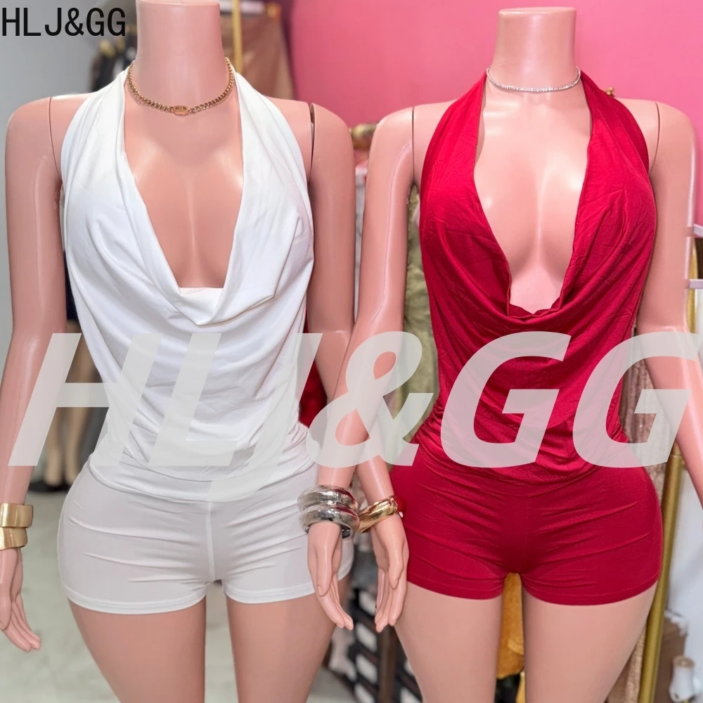 

HLJ&GG Summer New Halter Deep V Ruched Two Piece Sets Women Sleeveless Backless Slim Crop Top And Shorts Outfits Streetwear 2025
