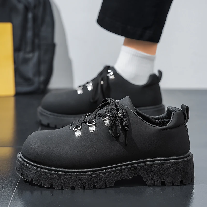 Men's Retro Thick Sole Height Increasing Casual Leather Shoes round Toe Versatile Big Toe Design Comfortable Footwear