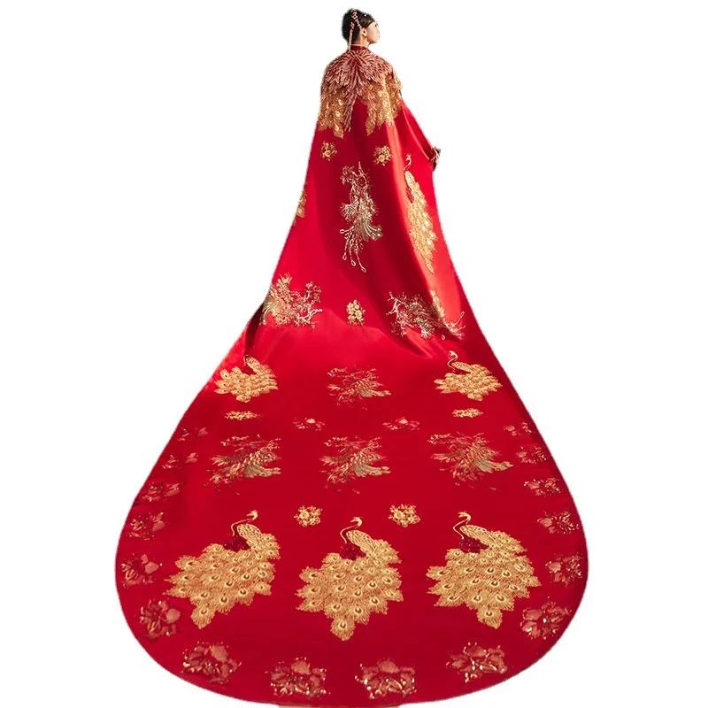 Mingli Tengda Red Cloak Bride Wedding Chinese Style Shawl Long Tail Phoenix Crown Xiapei Large Cloak Long Cloak Embroidery Coat