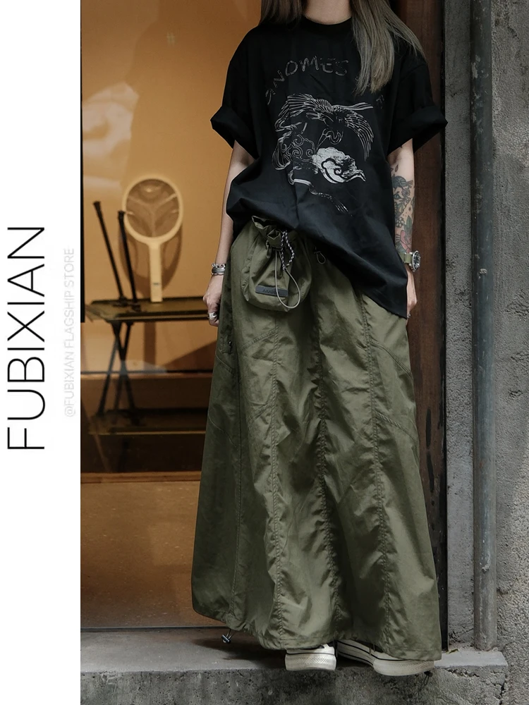 

Military een Workwear Skirt with Detachable kets High Waist Straight Cut Loose Fit Spring Autumn New Sle for Ladies