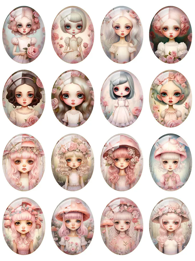 10pcs/lot Pink Flower Mushroom Girl Oval Photo Glass Cabochon Flatback Demo Flat Back Cameo For Diy Jewelry Making Supplies