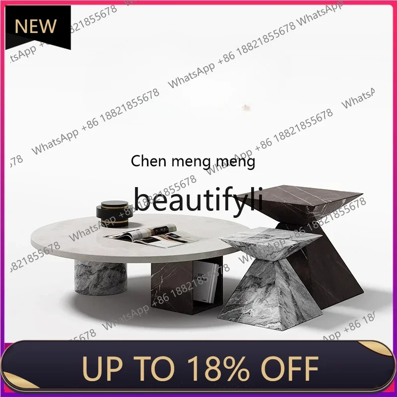 

P178 Natural Marble Round Small Coffee Table with Storage, Italian Minimalist Nordic Style, Unique Round Table