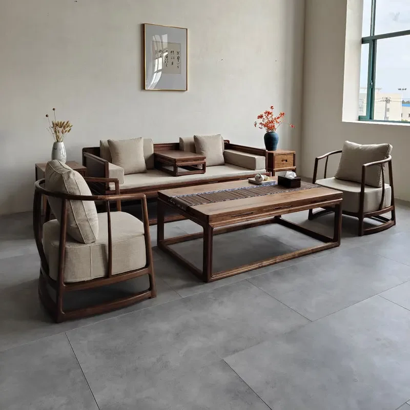 Black walnut all solid wood sofa combination new Chinese simple modern zen light luxury villa living room furniture