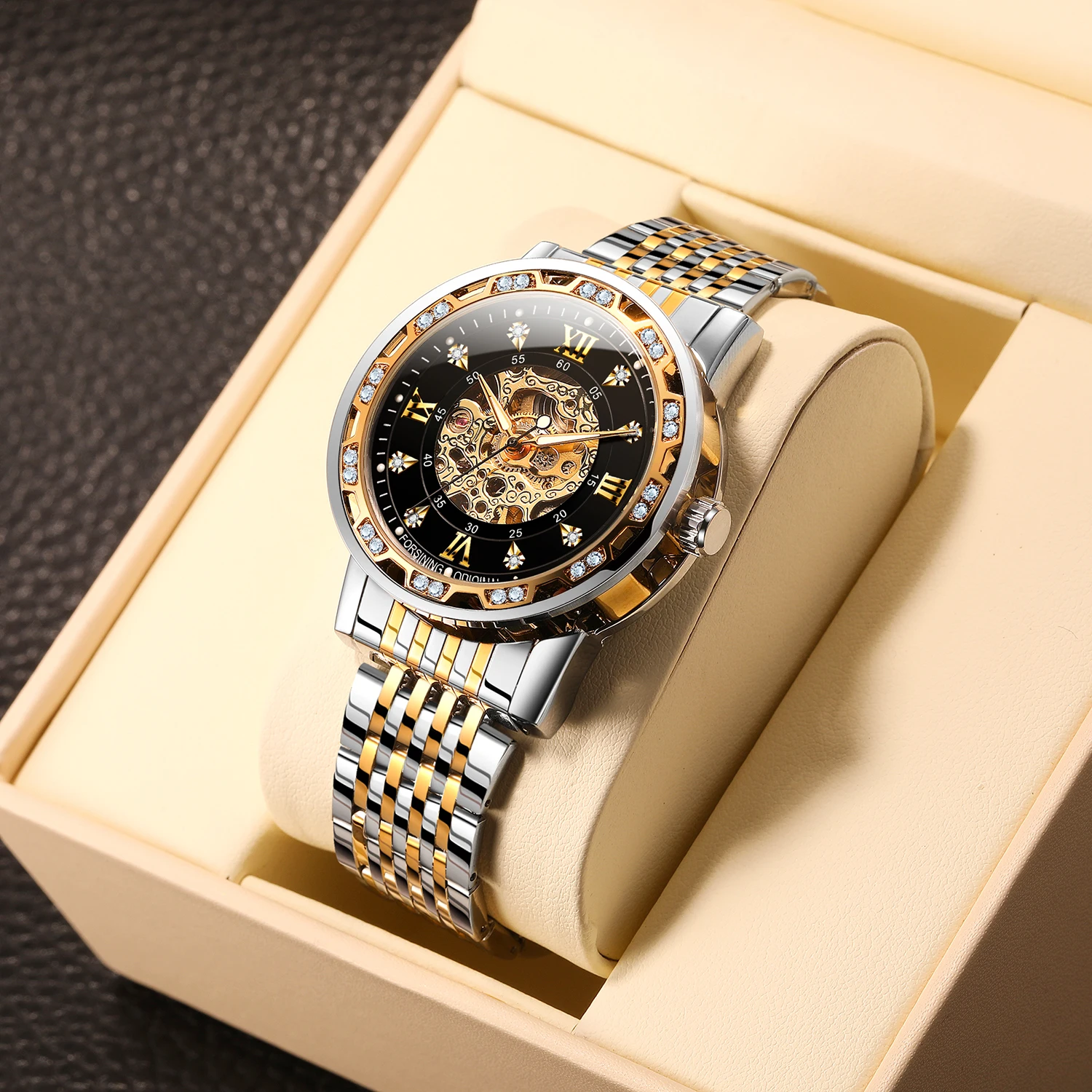 

FORSLNG New 8290 Fashionable Diamond Studded Roman Numeral Hollow Stainless Steel Automatic Machine Watches for Man Reloj Hombre