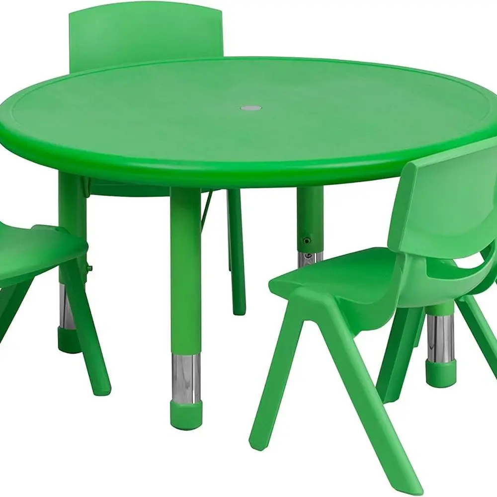 + OLIVER 33 Runder verstellbarer Aktivitätstisch aus grünem Kunststoff, 4 Stühle
