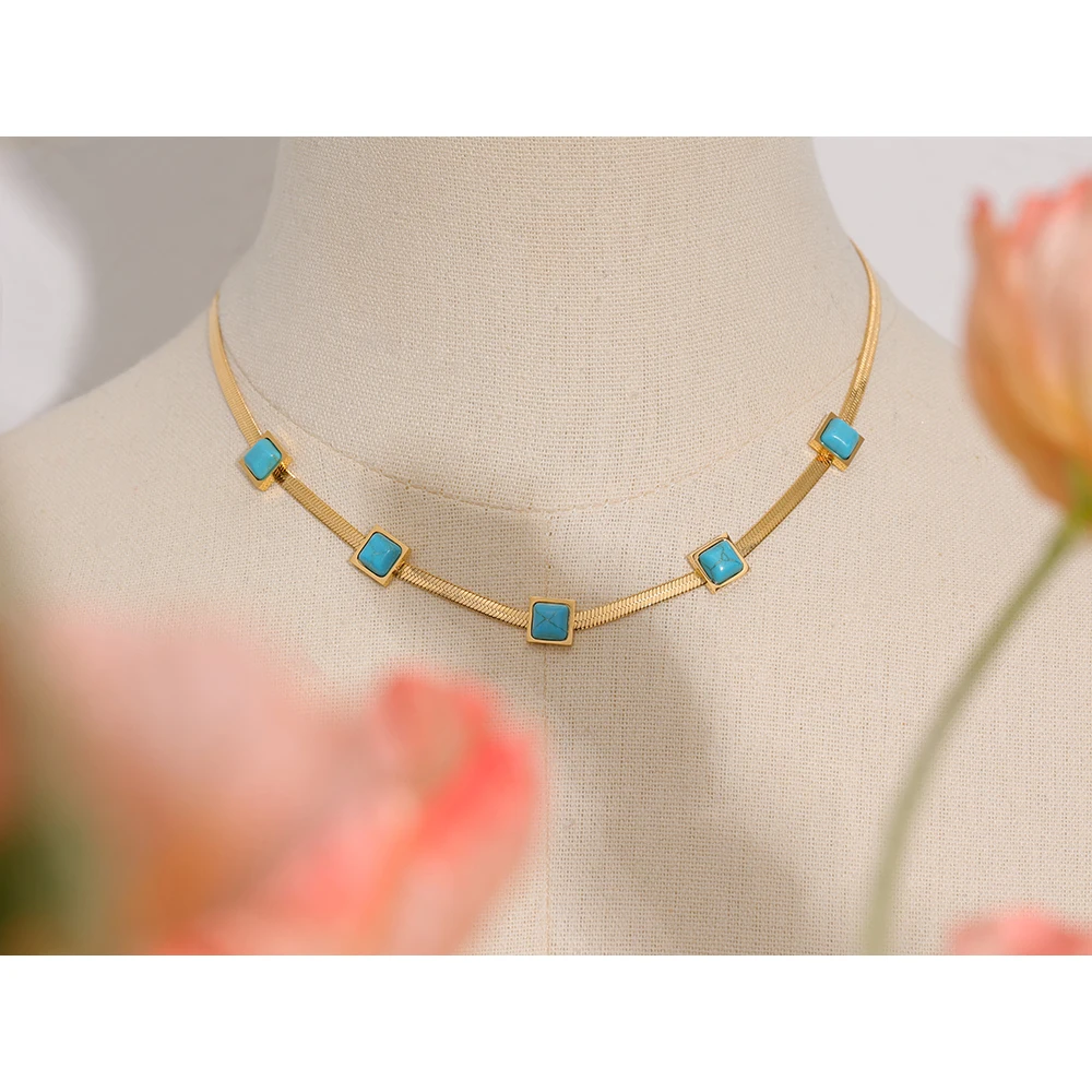 Yhpup Blue Artificial Turquoise Snake Chain Necklace Stainless Steel Golden Collar Jewelry for Women бижутерия для женщин Gift