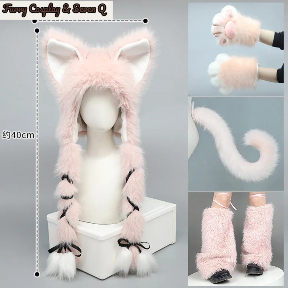 Outdoor Fursuit Fur Cat Ears Headwear Fluffy Christmas Halloween Ear Protection Hat Winter Costume Party Hat