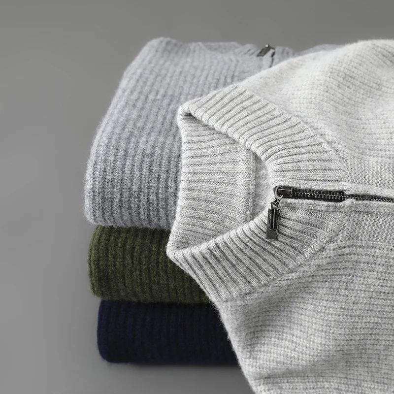

Autumn Winter New 100% Pure wool Zipper Cardigan Men's Loose Half High Neck Long Sleeved Thick Solid Color Casual Knitted Jacket